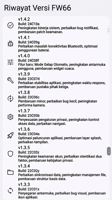 Tampilan riwayat versi fw66